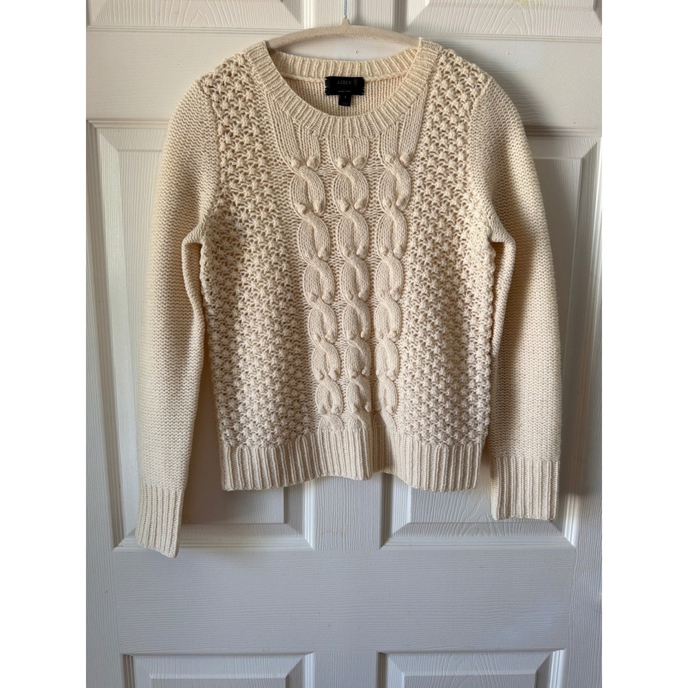J.Crew Sweater Women S Cream Hand Knit Lambswool Cable Popcorn 30001 Preppy